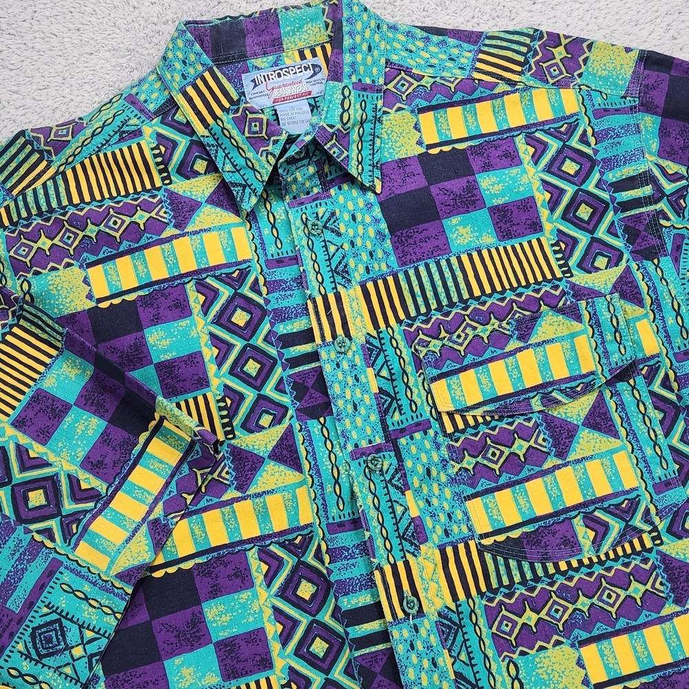 Introspect Shirt Mens Large 90s Multicolor Geometric S/S Button Up Cotton Casual